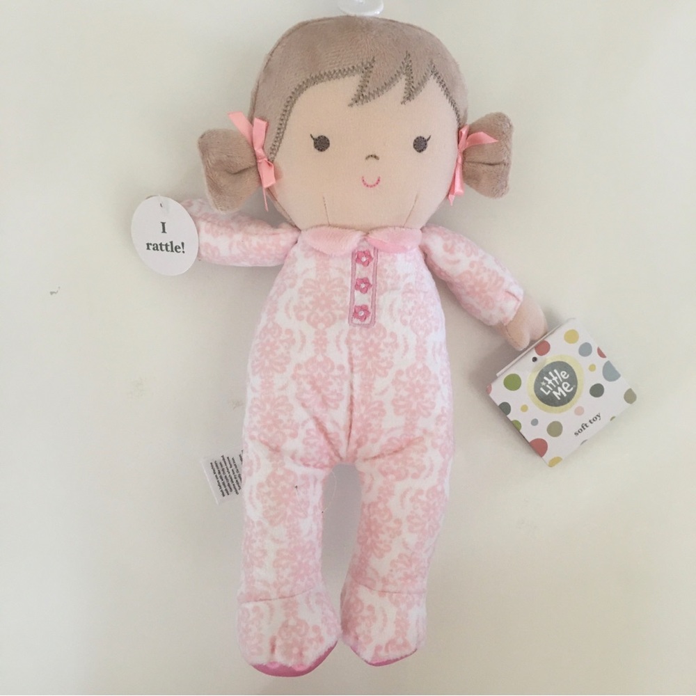 NEW Little Me Plush Baby Doll with Rattle Pink Floral 10 inches